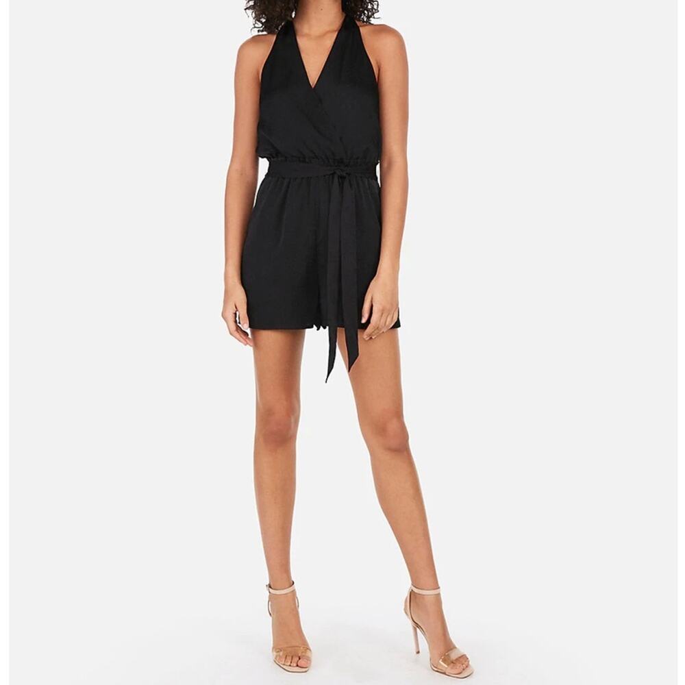 Express Sleek Black High Neck Self-Tie Mini Romper